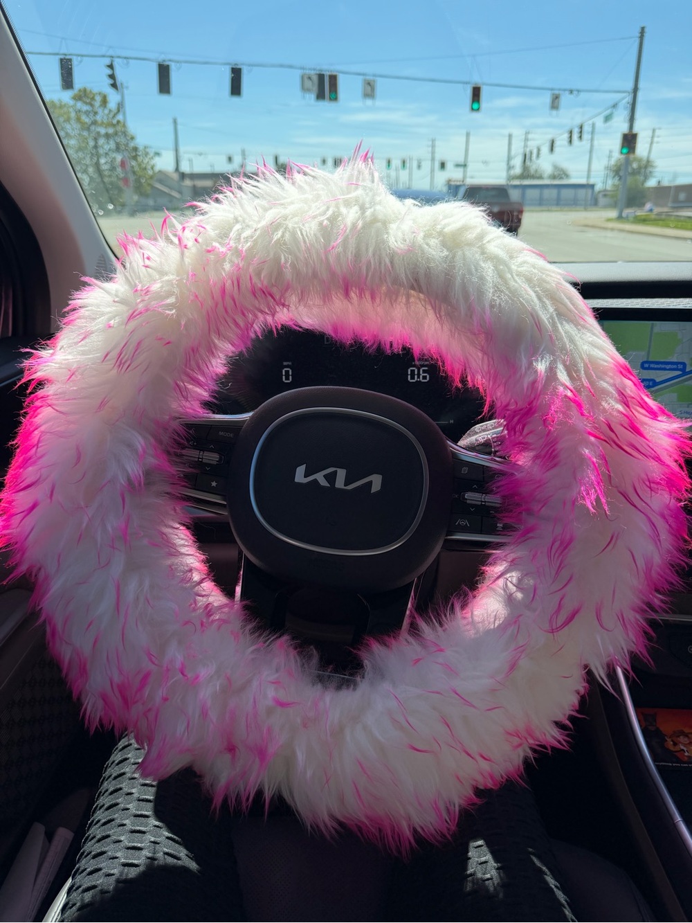 Plush White and Pink Fuzzy Steering Wheel Cover - Car Accessories